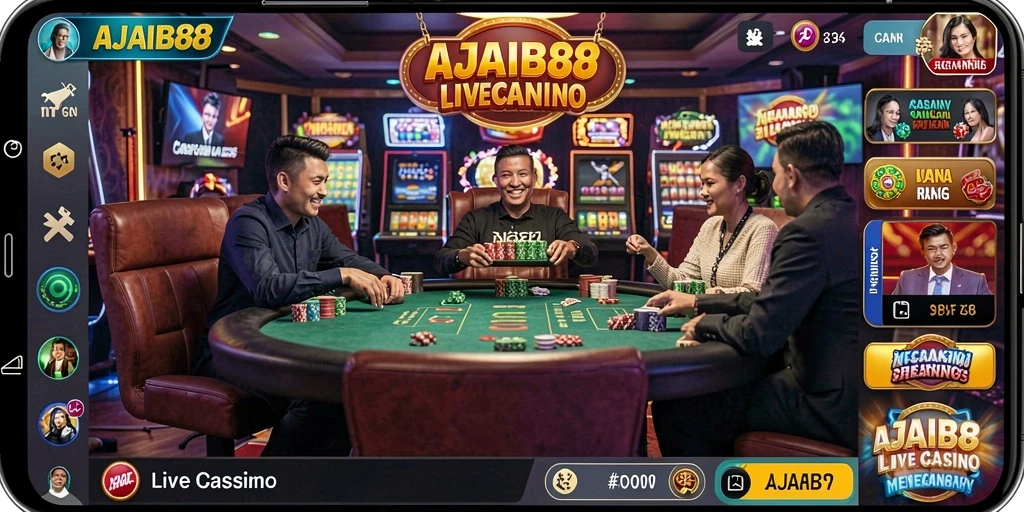 Screenshot AJAIB88 menampilkan dealer dan permainan Live Casino yang seru.
