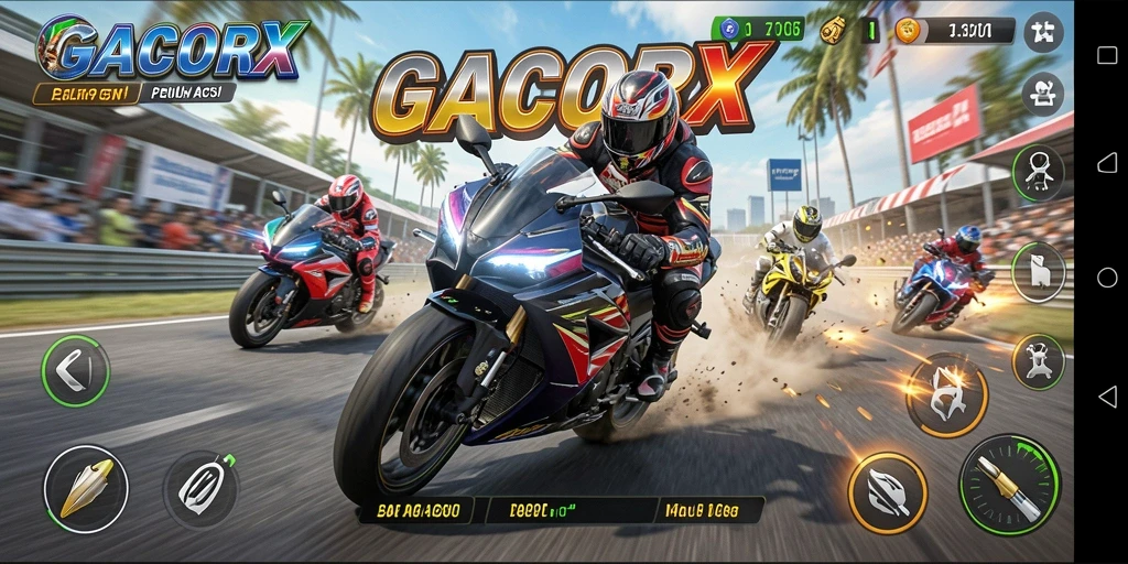Tampilan gameplay GACORX yang dinamis dan menegangkan di lintasan balap motor.