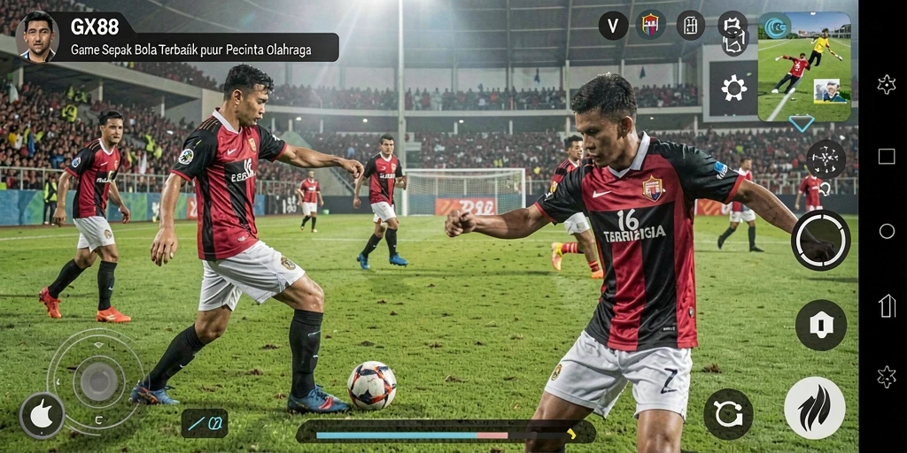 Screenshot GX88 menampilkan aksi seru dari pertandingan sepak bola.