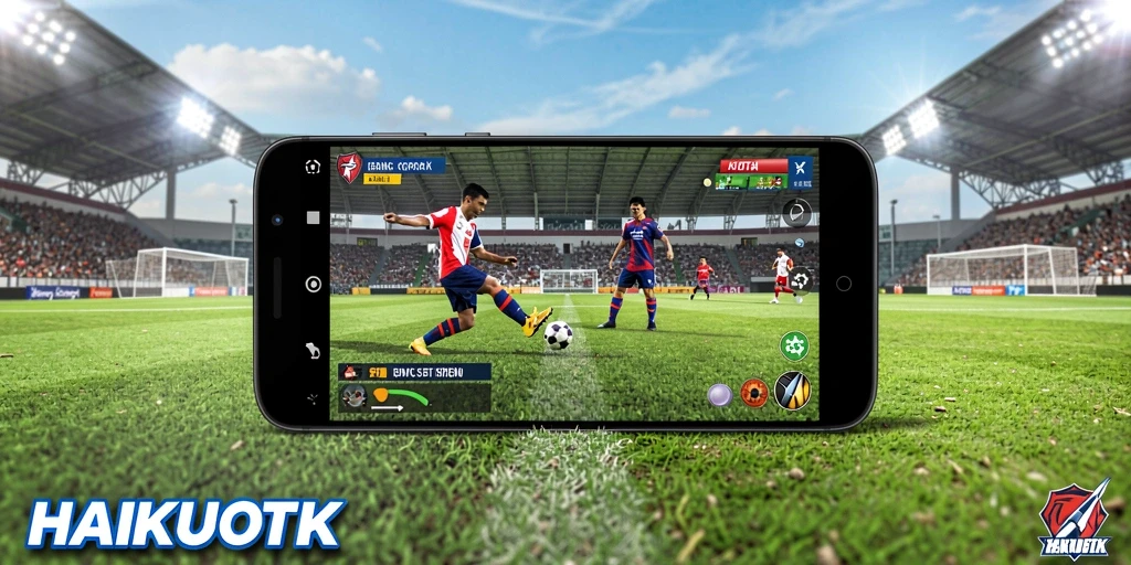 Tampilan gameplay HAIKUOTK dengan aksi seru di lapangan sepak bola.