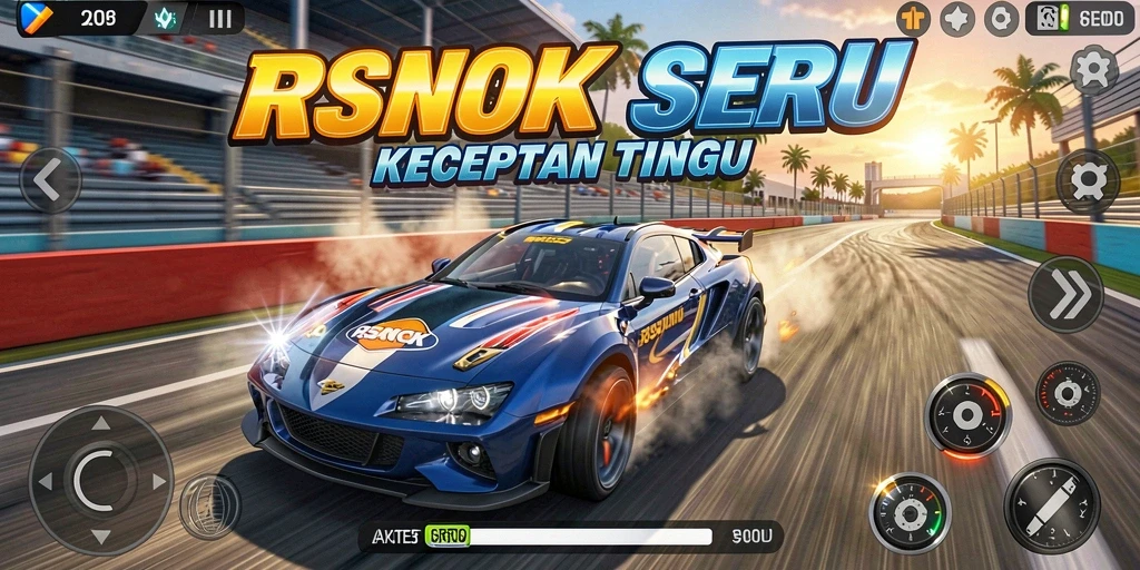 Tangkapan layar gameplay RSNOK yang menampilkan aksi balap seru dan kendaraan yang cepat.
