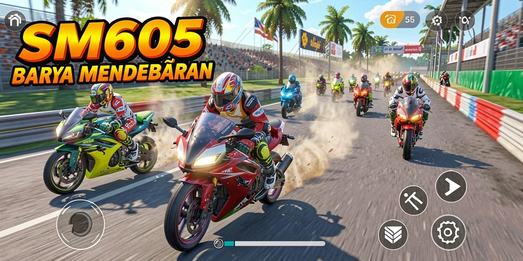 Tampilan gameplay seru dalam SM605 yang melibatkan balapan motor.